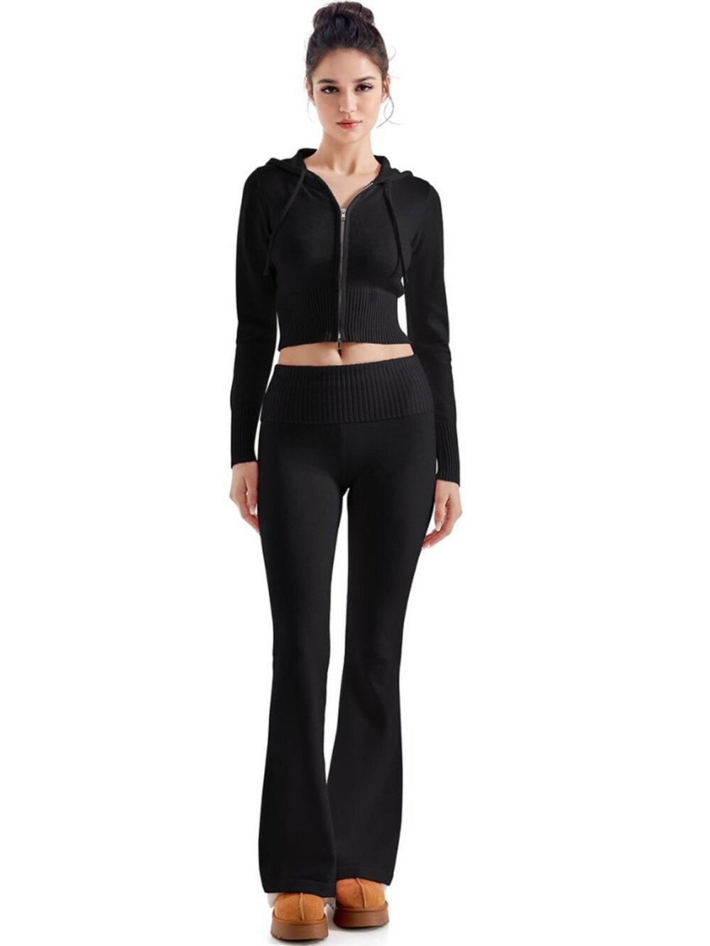 Women 2 Piece Knit Sets Cropped Zip Up Hoodie Flare Leg Pants